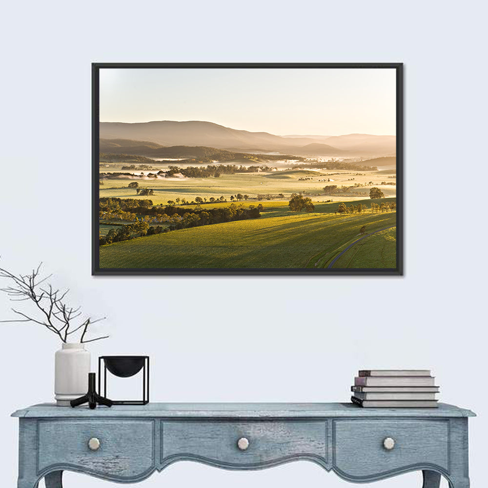 Yarra Valley Morning Mist Wall Art in a room, landscape