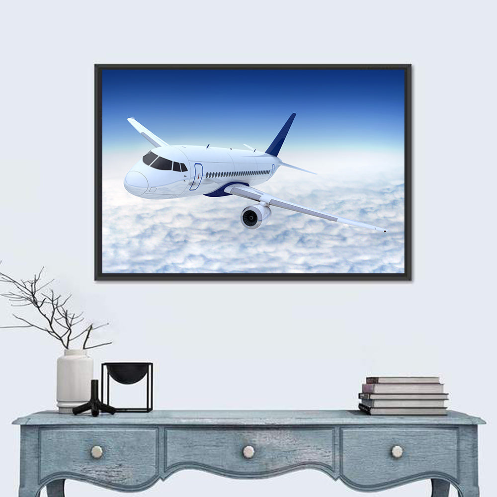 Commercial Jet Above Clouds Wall Art in a room, landscape