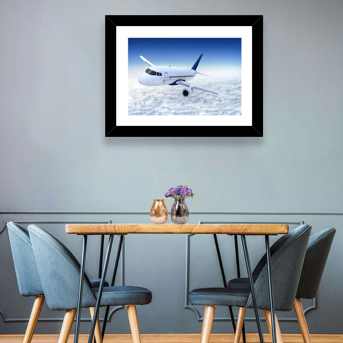 Commercial Jet Above Clouds Wall Art in a room, landscape