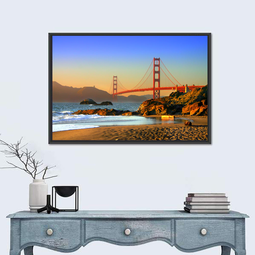 Golden Hour at the Golden Gate Bridge Wall Art in a room, landscape