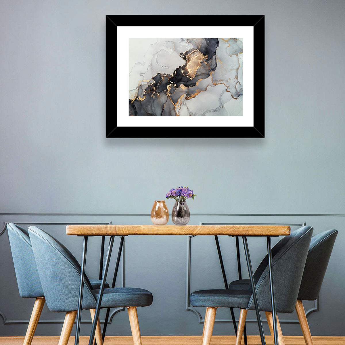 Black Fire Marble Abstract Wall Art in a room, landscape
