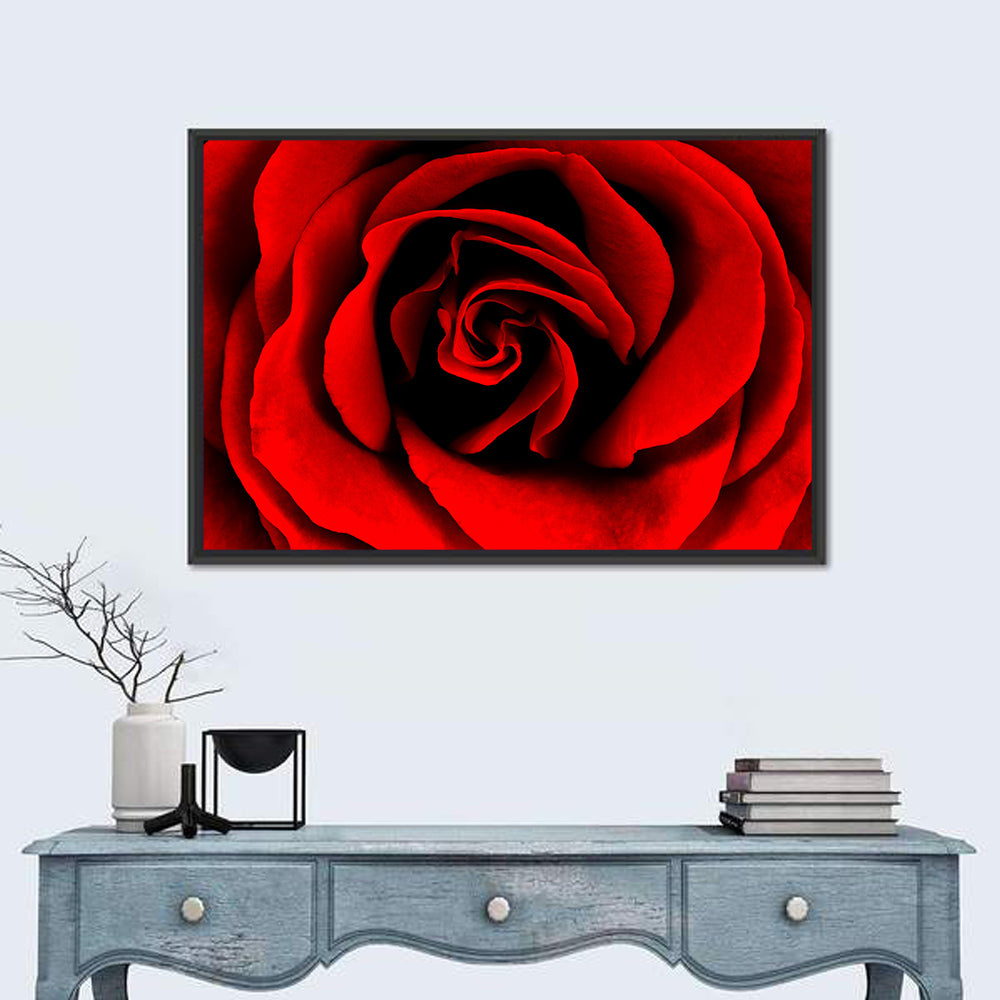 Velvety Red Rose Close-up Wall Art in a room, landscape