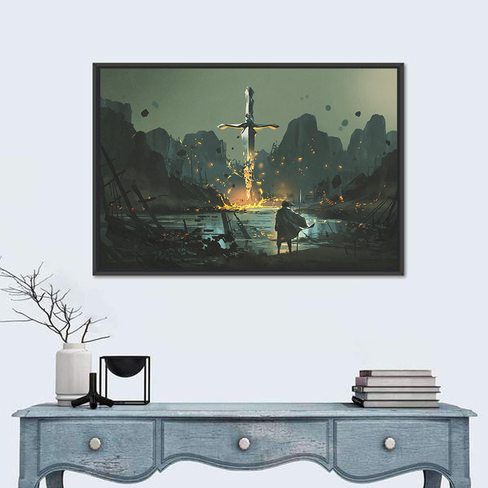Melting Sword with Cloaked Traveler Wall Art in a room, landscape