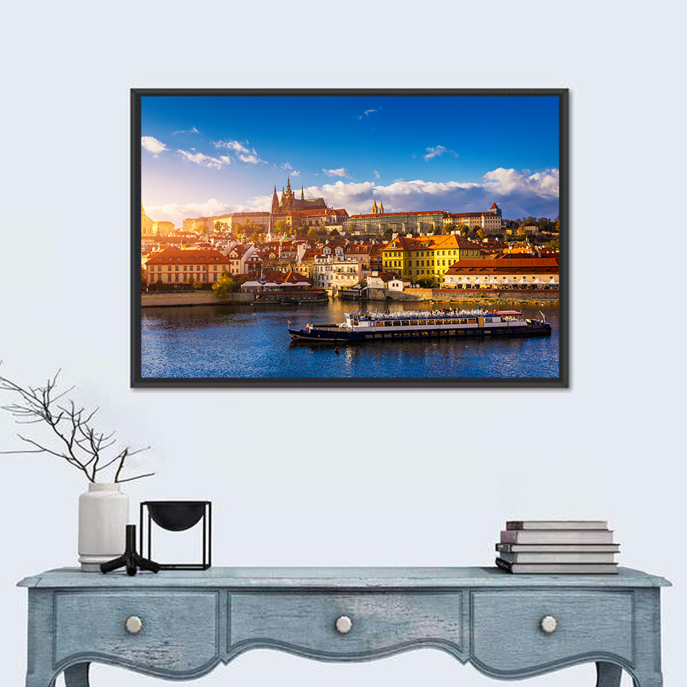 Prague Castle Golden Hour River View Wall Art in a room, landscape