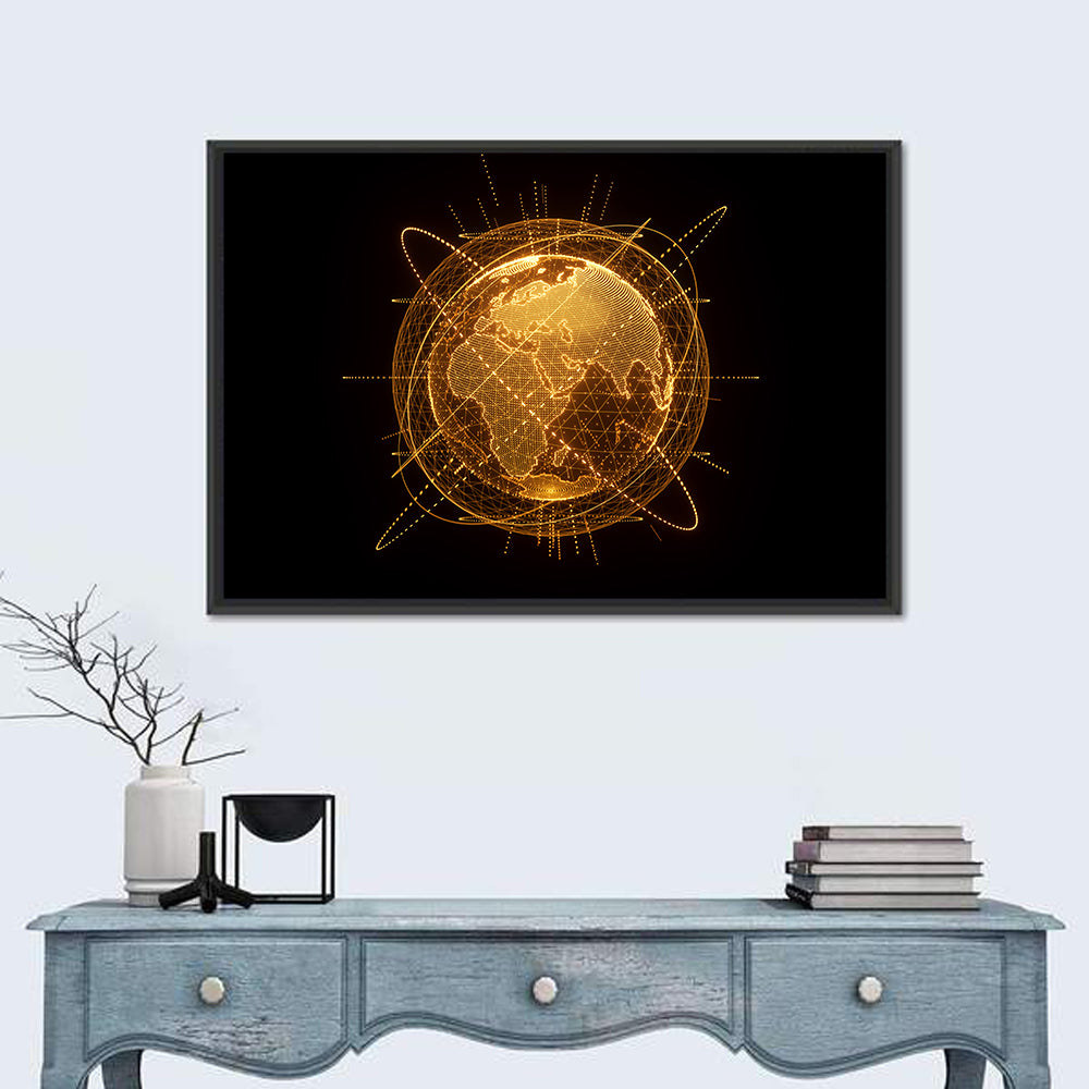 Golden Hologram Globe Wall Art in a room, landscape
