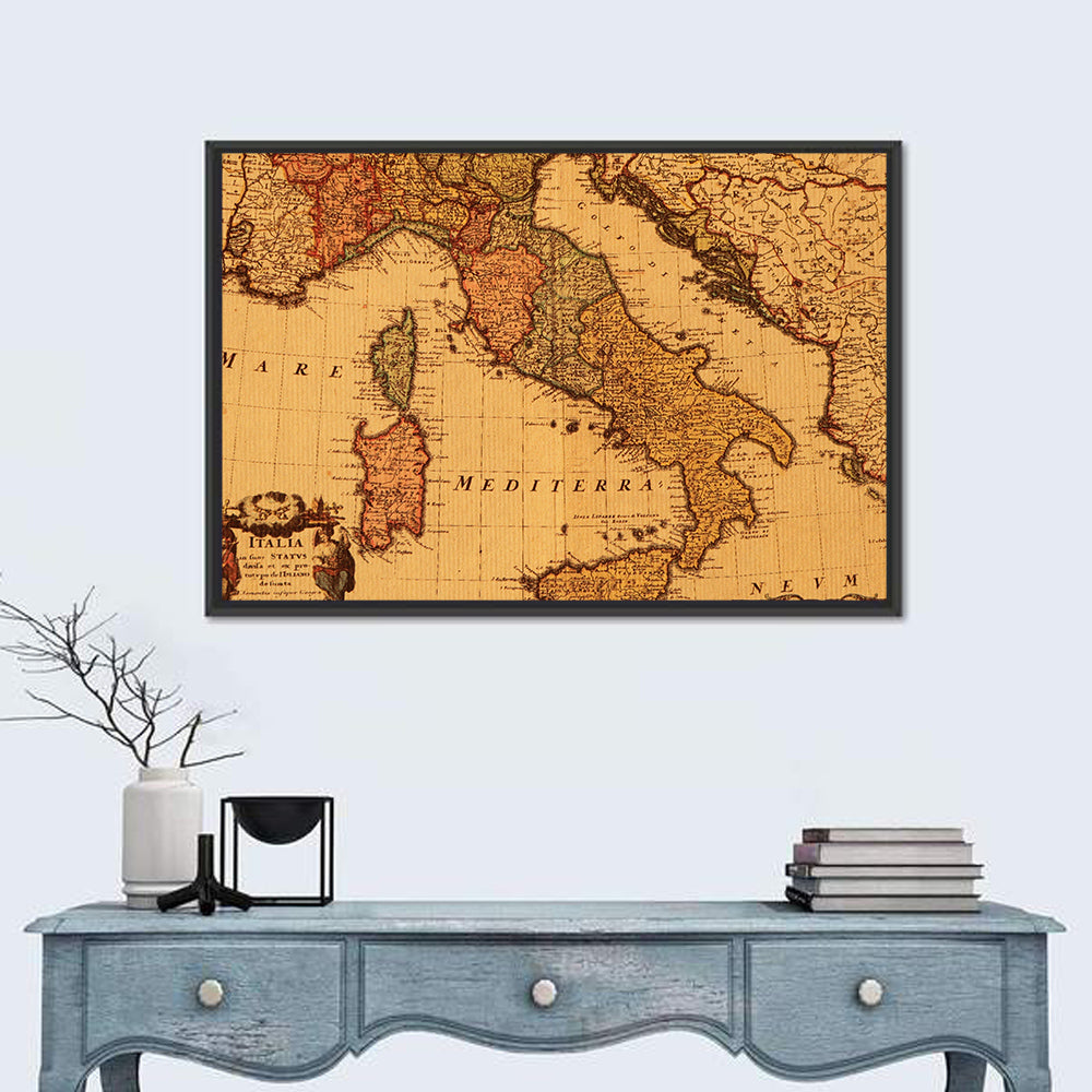 Antique Map of Italy with Ornate Cartouche Wall Art in a room, landscape