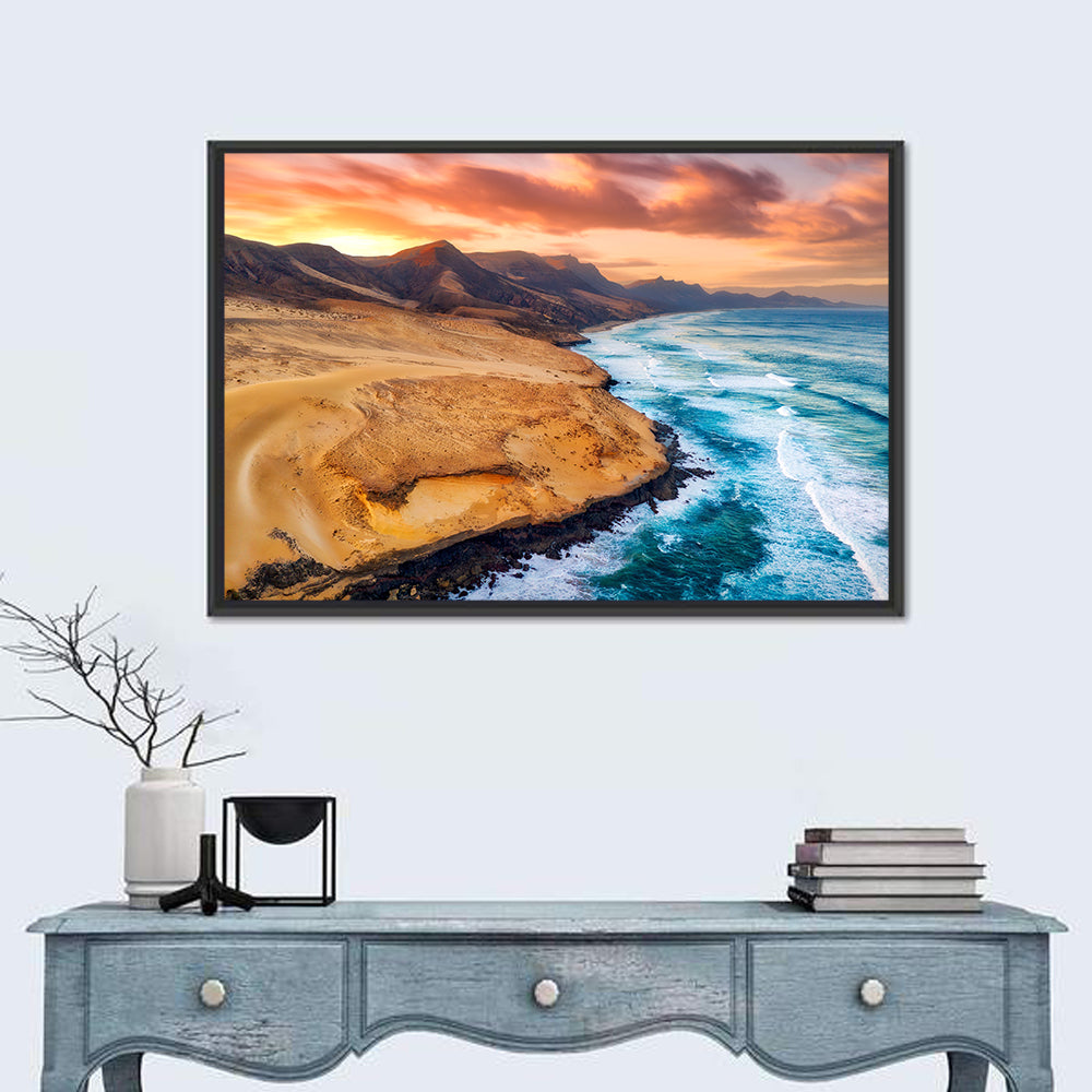 Playa Veril Manso Sunset Seascape Wall Art in a room, landscape