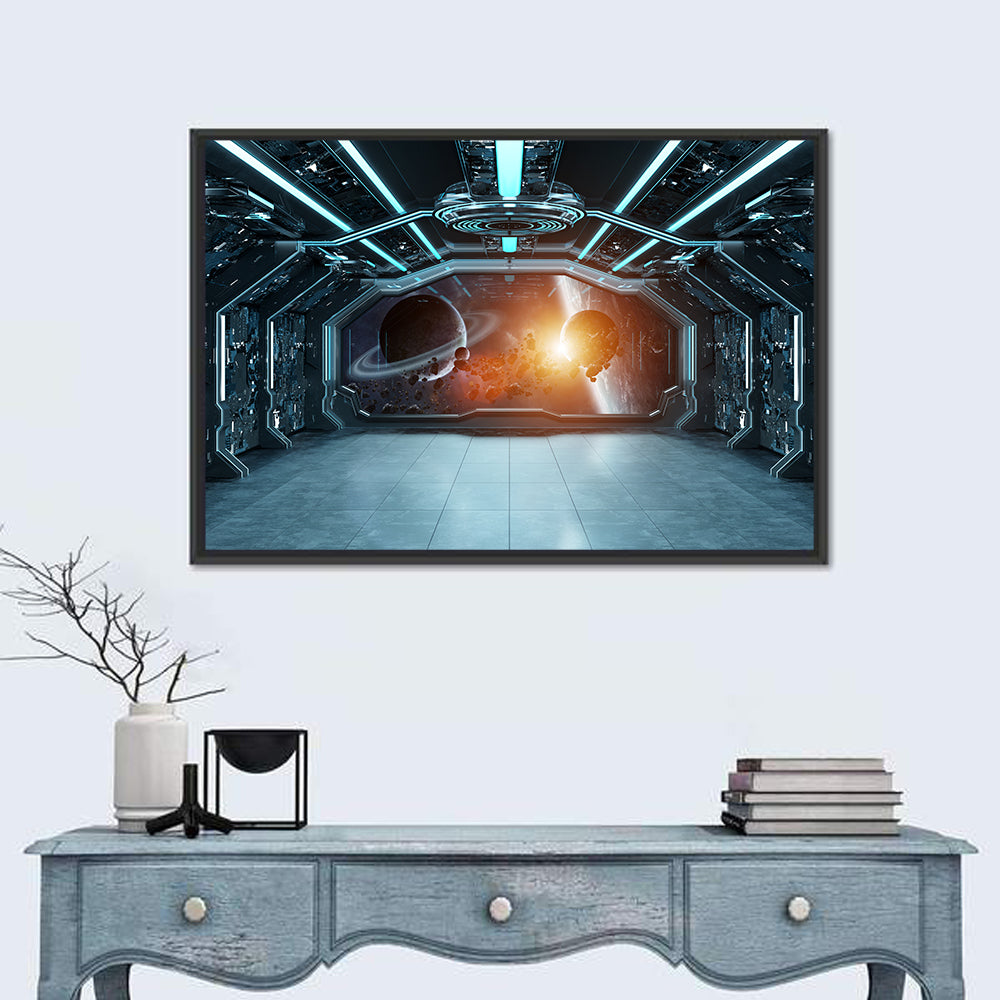 Space Station View with Ringed Planet Wall Art in a room, landscape