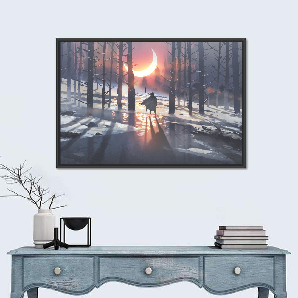 Lone Traveler in Winter Forest Wall Art in a room, landscape