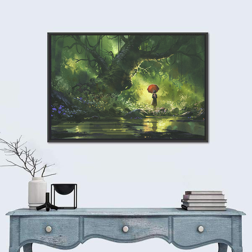 Girl with Umbrella in Mysterious Forest Wall Art