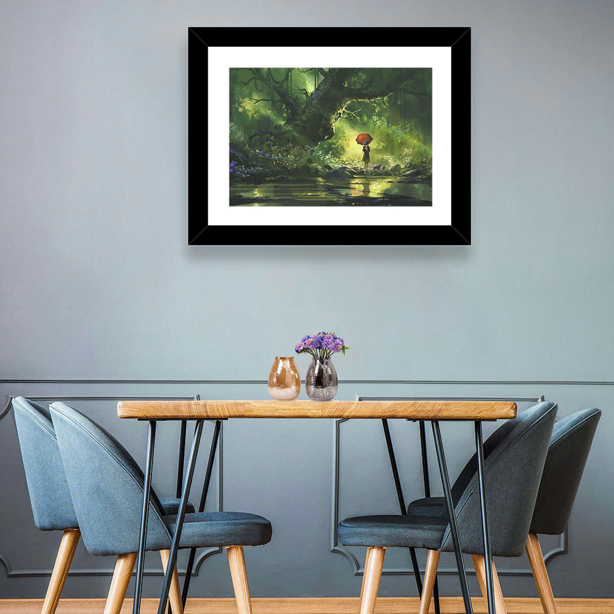 Girl with Umbrella in Mysterious Forest Wall Art in a room, landscape