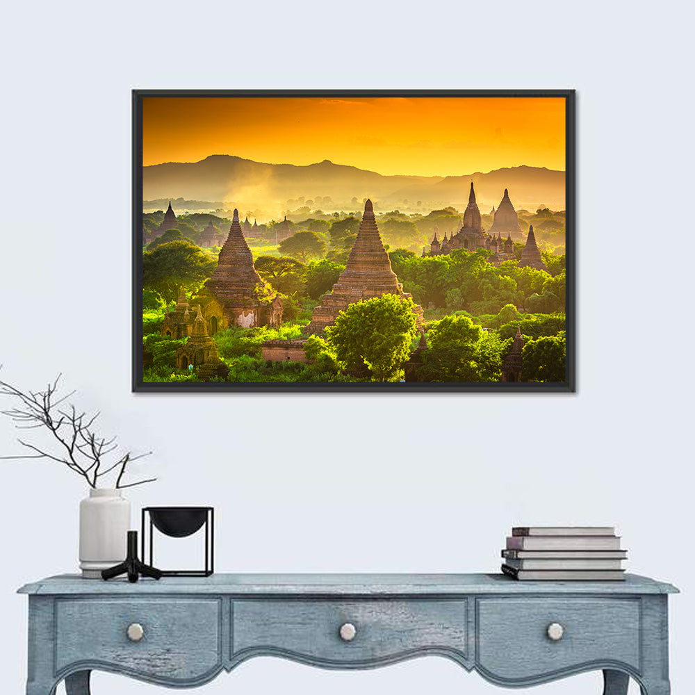 Bagan Golden Hour Temples Wall Art in a room, landscape