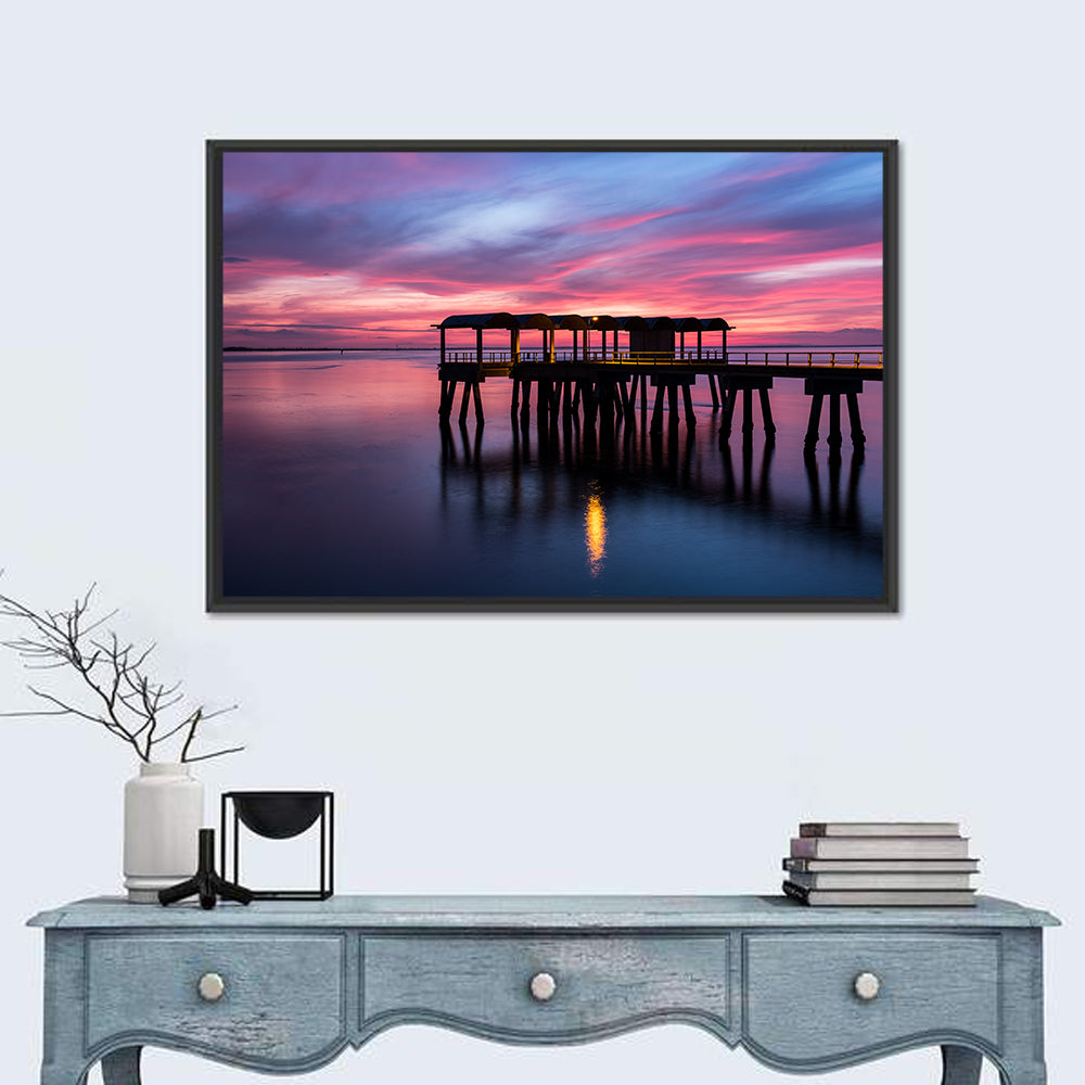 Jekyll Island Dusk Pier Wall Art in a room, landscape