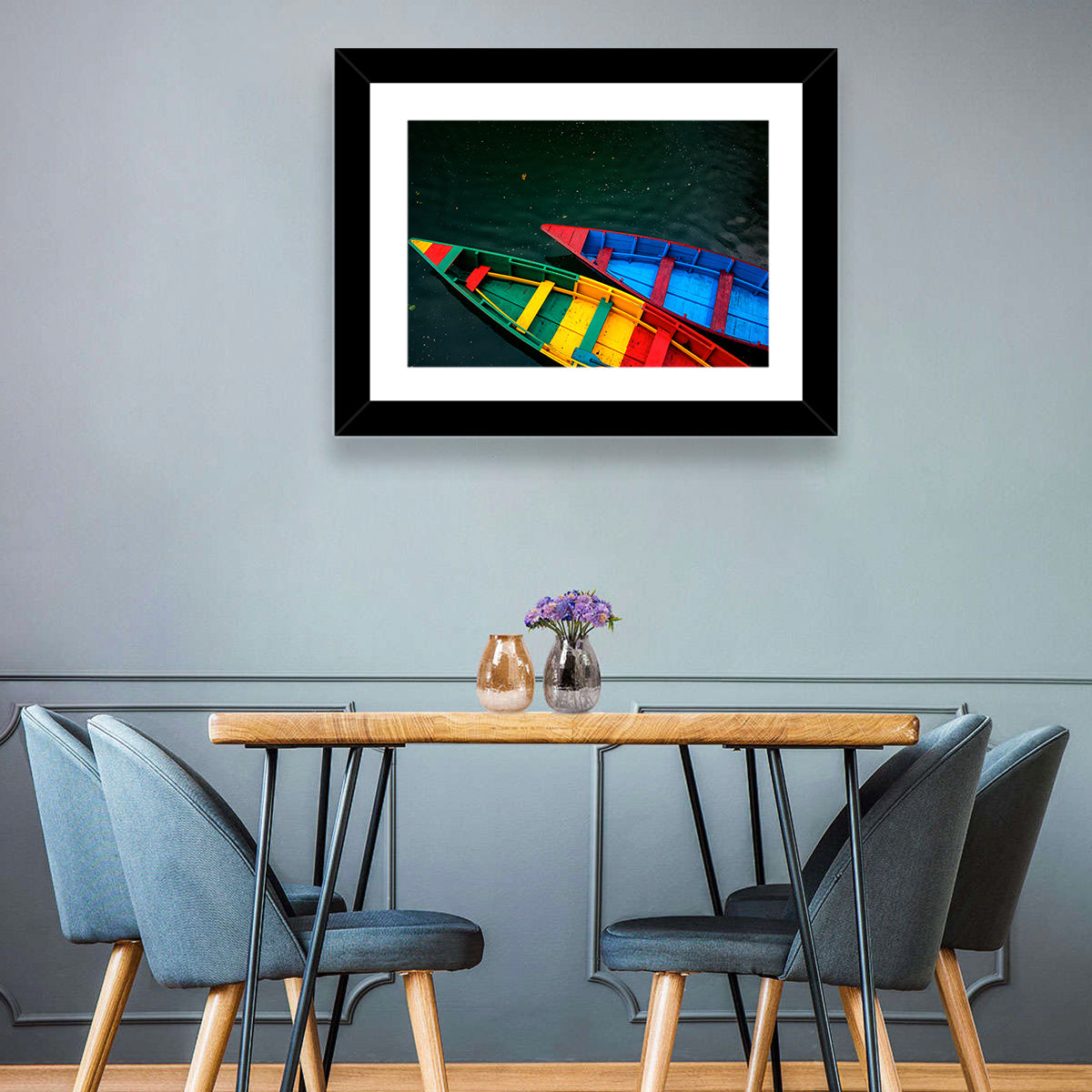 Two Colorful Boats Over Rippling Water Wall Art in a room, landscape