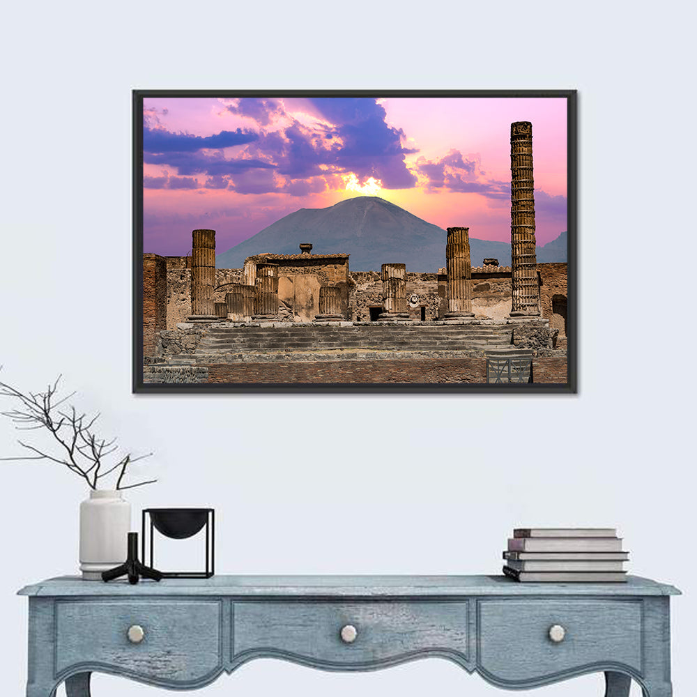 Pompeii Columns at Sunset, Mount Vesuvius Wall Art in a room, landscape