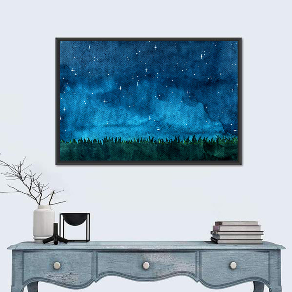 Starry Meadow Nightscape Wall Art in a room, landscape