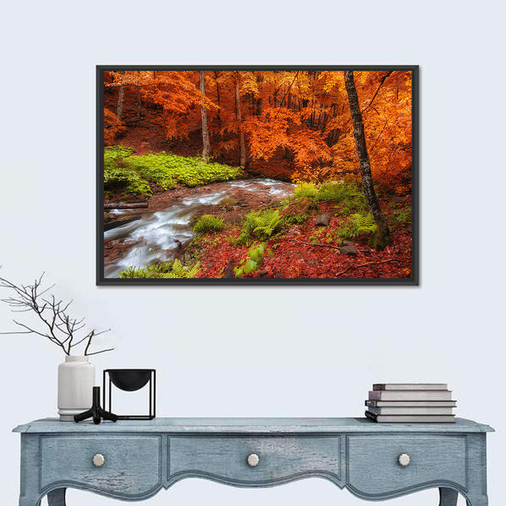 Autumn Forest Stream Wall Art in a room, landscape