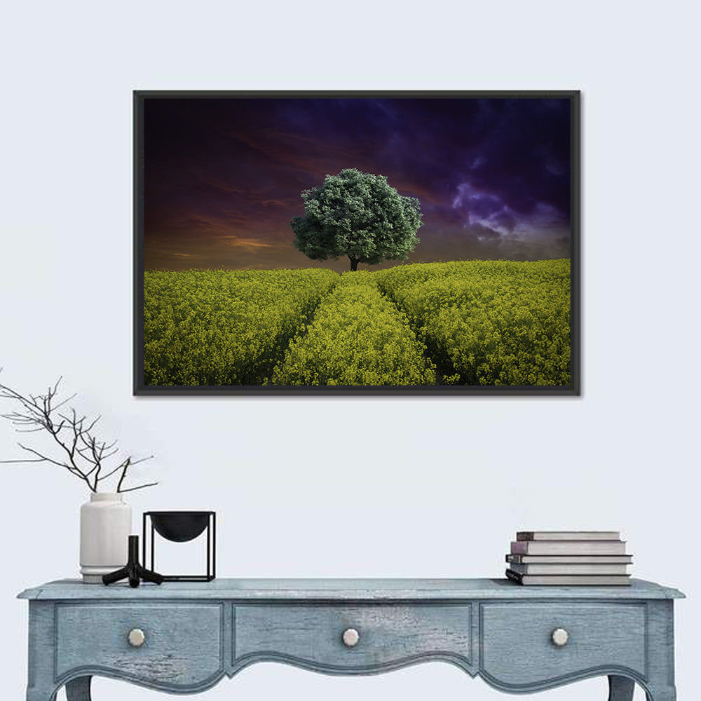 Solitary Tree in Yellow Field Wall Art in a room, landscape