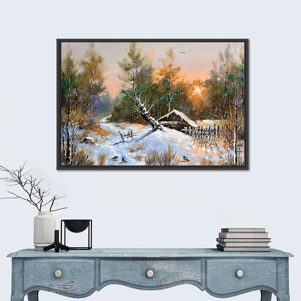 Winter Forest Path with Cabin Wall Art
