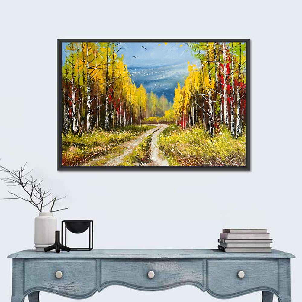 Autumn Birch Path with Two Birds Wall Art