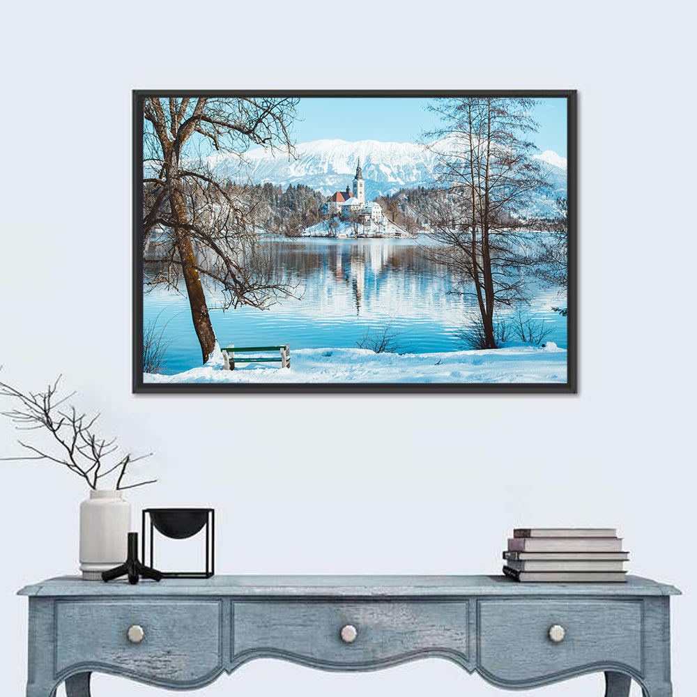 Bled Castle Winter View Wall Art in a room, landscape