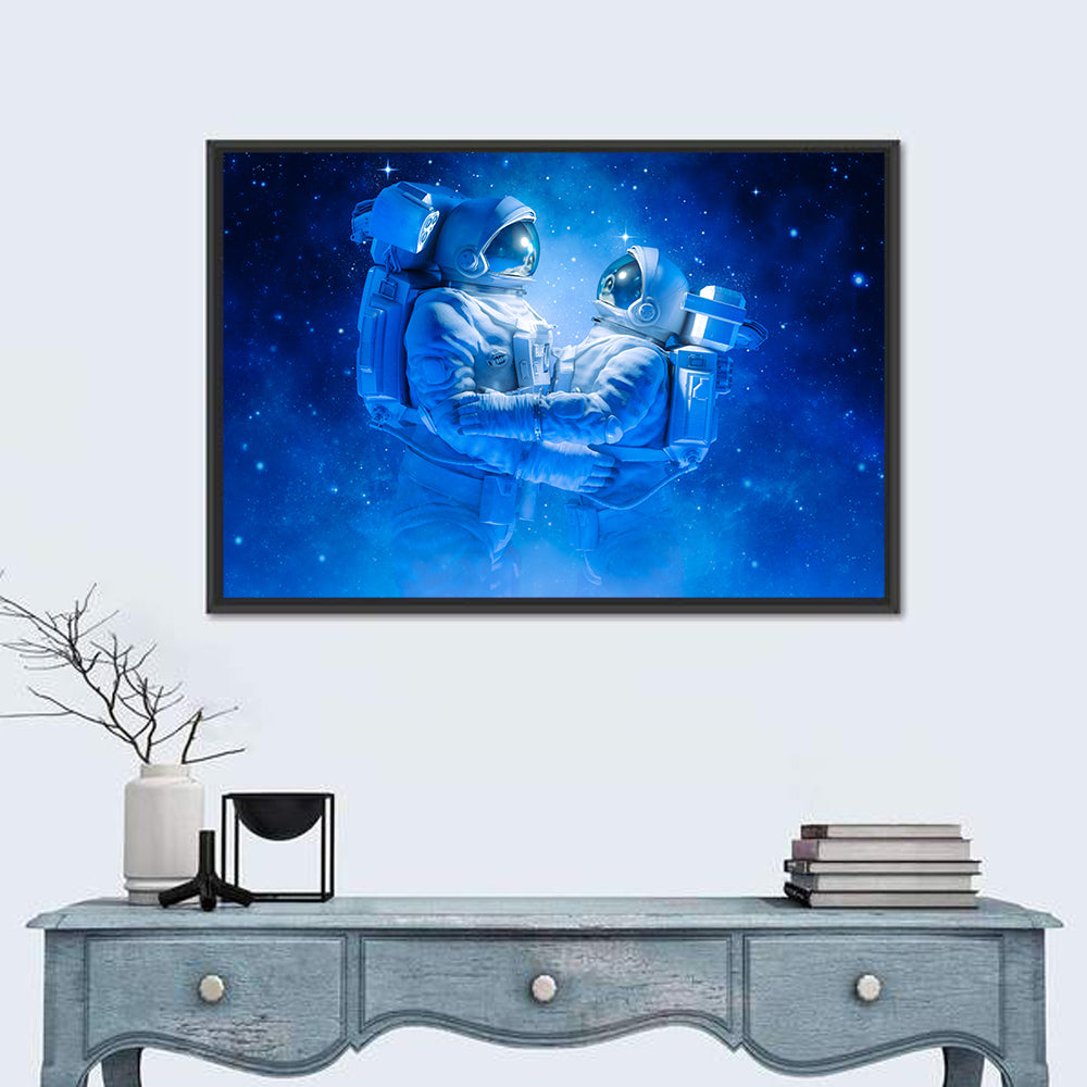 Astronaut Couple in Space Wall Art in a room, landscape