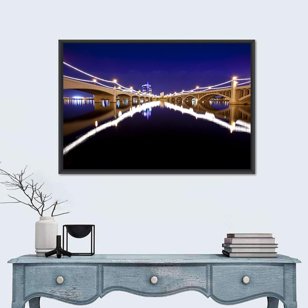 Mill Avenue Bridge Night Reflections Wall Art in a room, landscape
