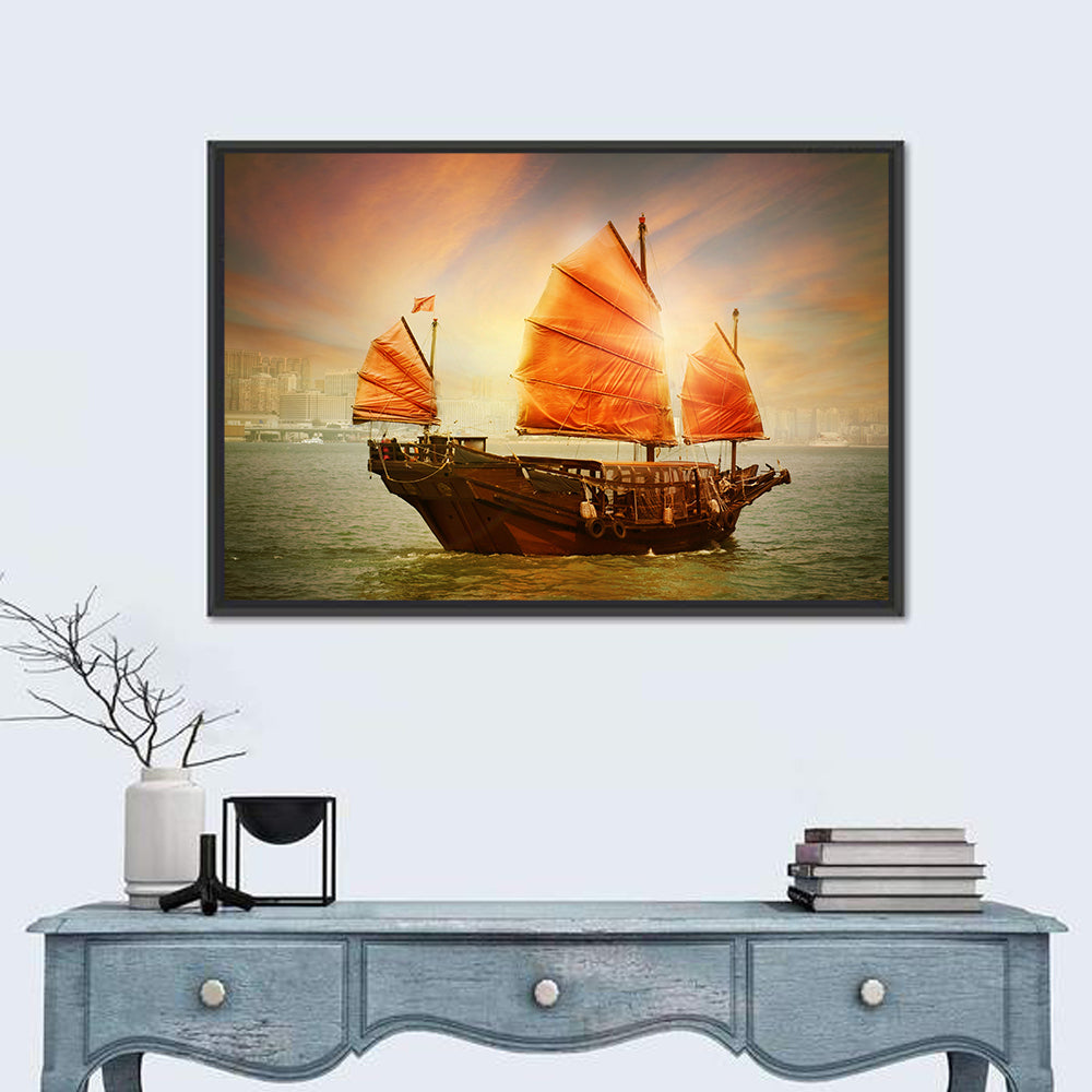 Red Sailed Junk at Victoria Harbour Wall Art