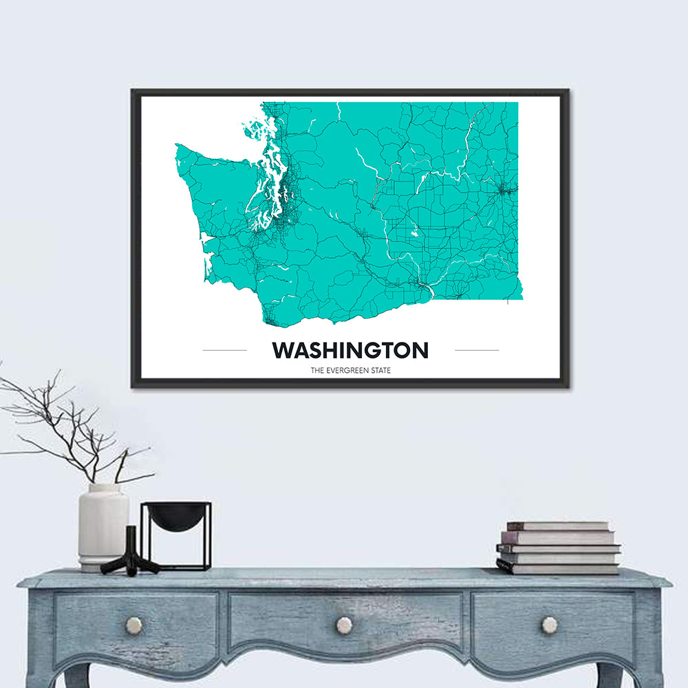 Washington State Minimalist Map Wall Art in a room, landscape