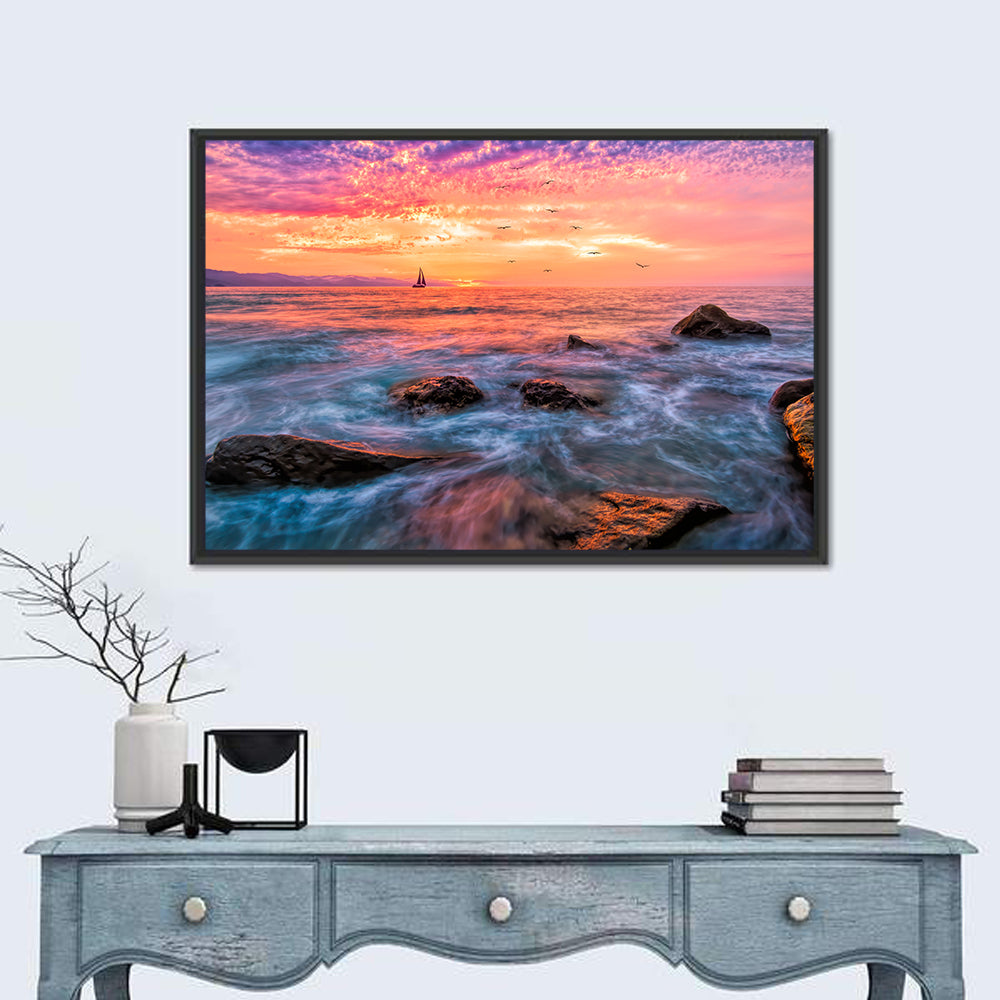 Vivid Ocean Sunset Wall Art in a room, landscape