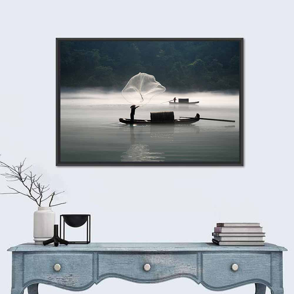 Misty Lake Fisherman Wall Art