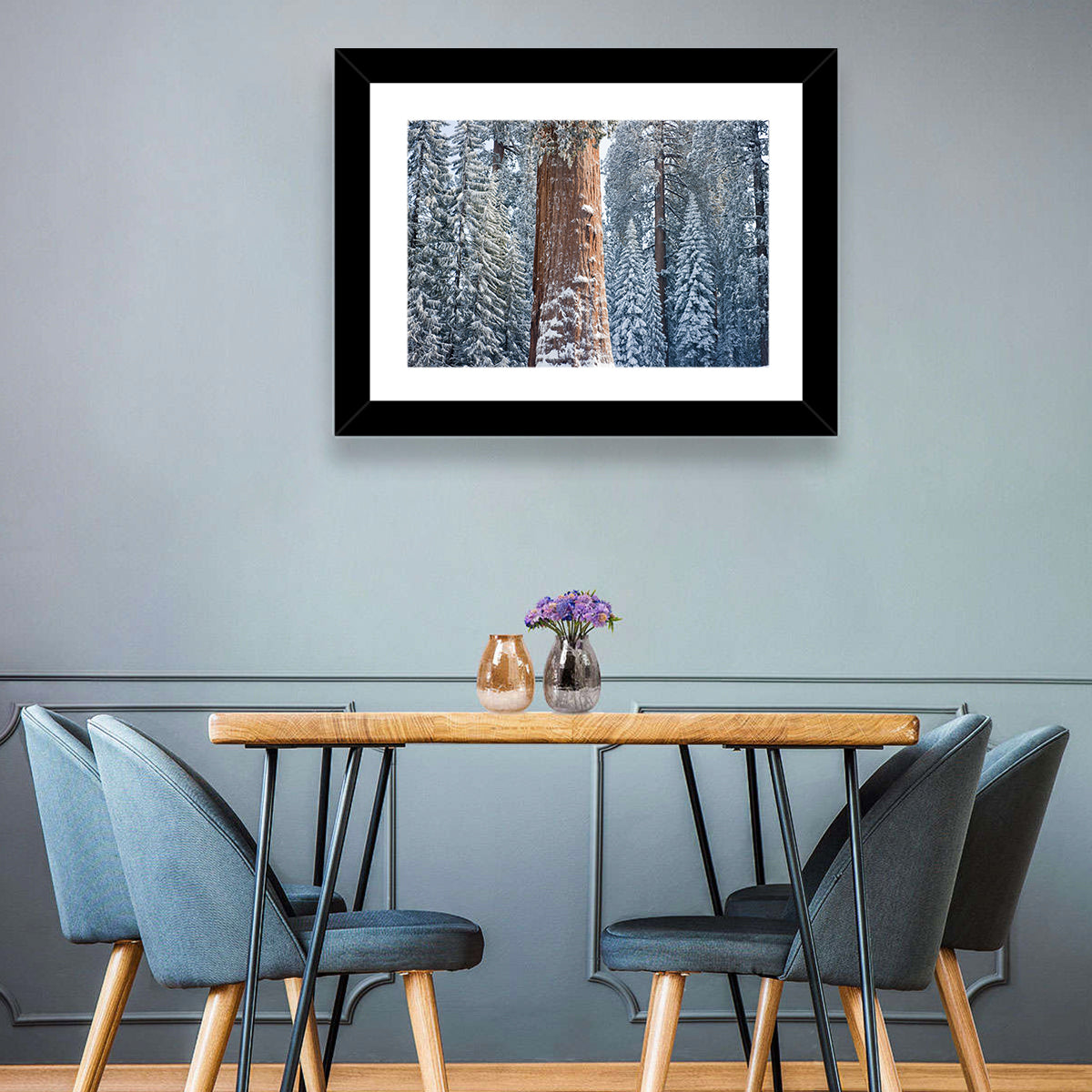 Winter Giant Sequoia in Snowy Forest Wall Art in a room, landscape