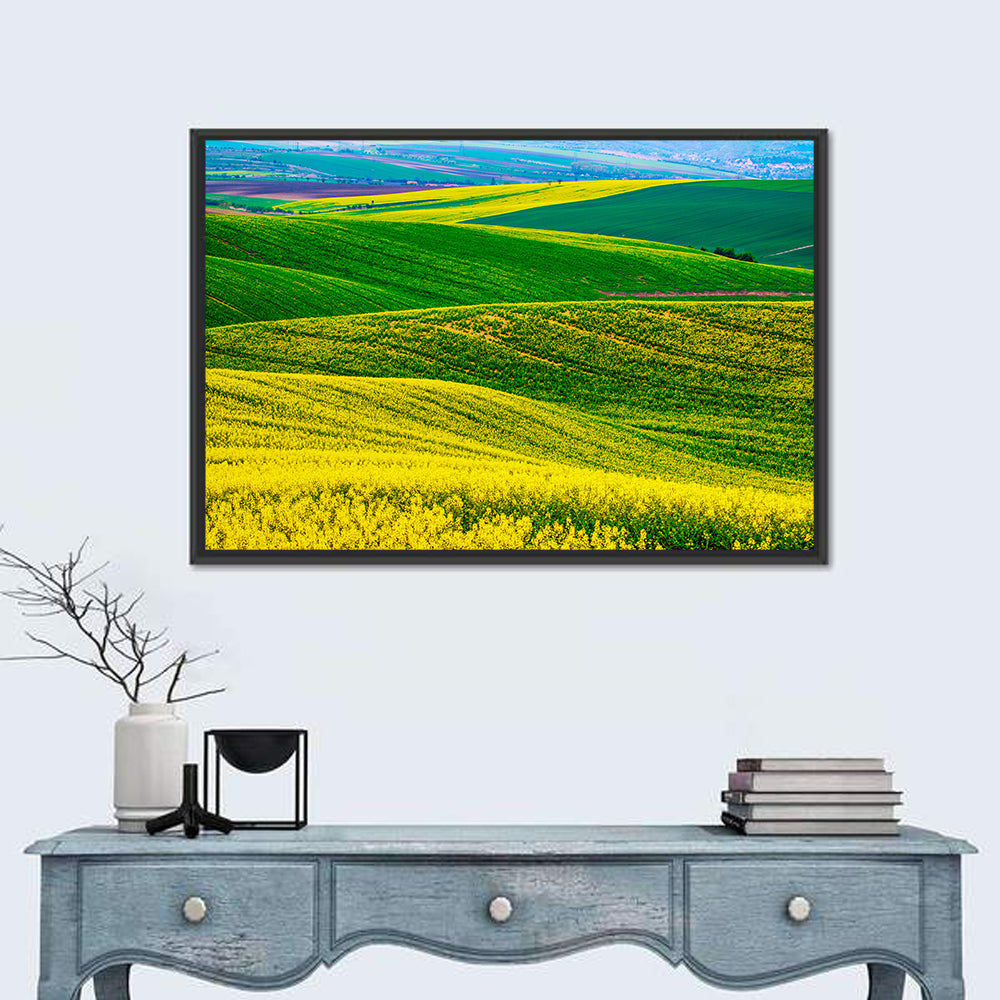 Spring Rapeseed Fields Wall Art in a room, landscape
