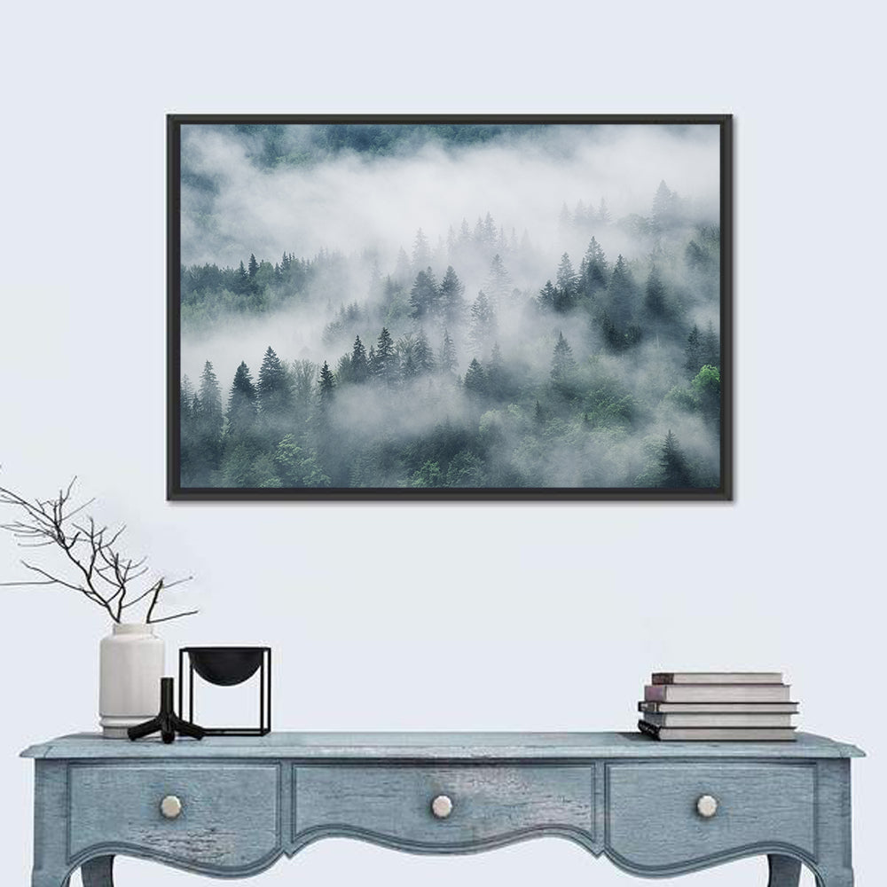 Misty Mountain Forest Wall Art in a room, landscape