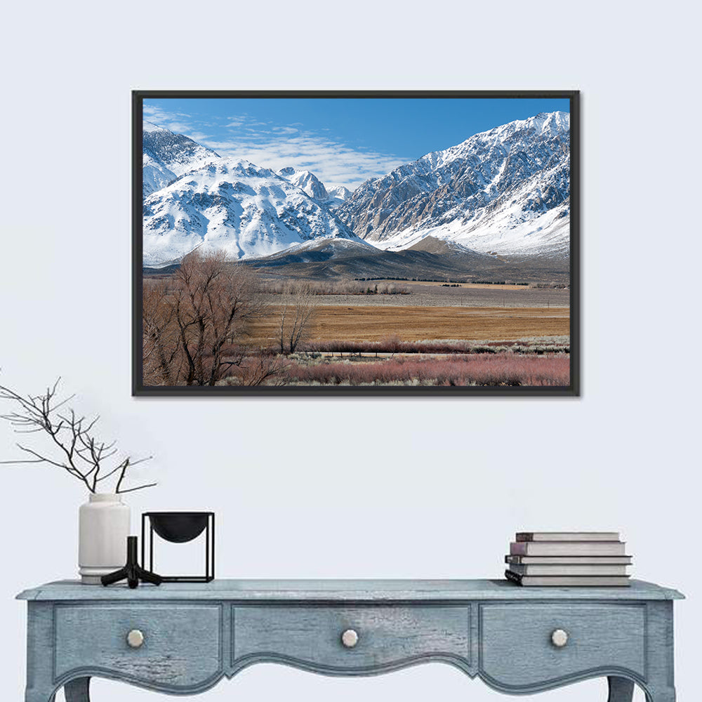 Eastern Sierra Winter Peaks Wall Art in a room, landscape