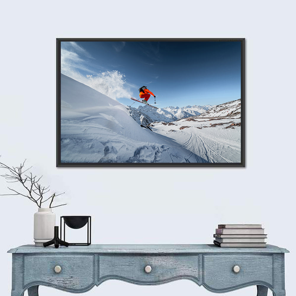 Airborne Skier Over Snowy Mountains Wall Art in a room, landscape