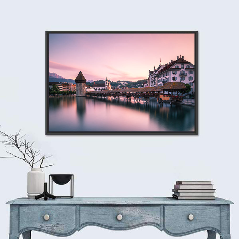 Lucerne Chapel Bridge at Dusk Wall Art in a room, landscape