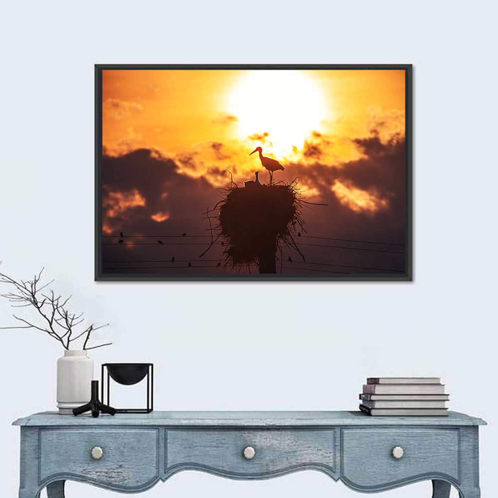 Stork Nest at Sunset Wall Art in a room, landscape