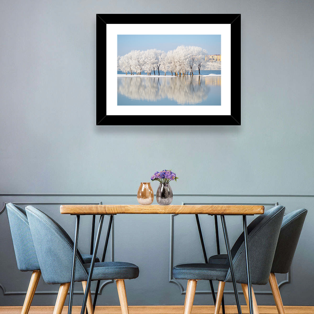 Winter Lake Reflection Wall Art in a room, landscape