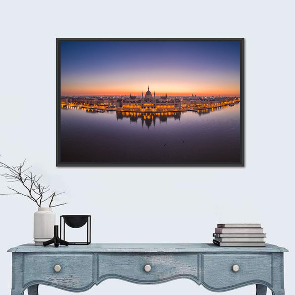 Hungarian Parliament at Dusk Wall Art in a room, landscape