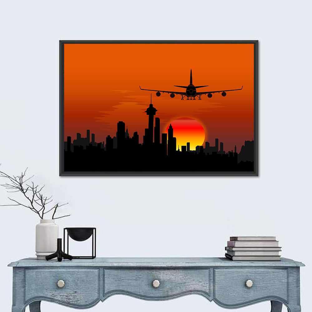 Approaching Jet Over Sunset Skyline Wall Art in a room, landscape