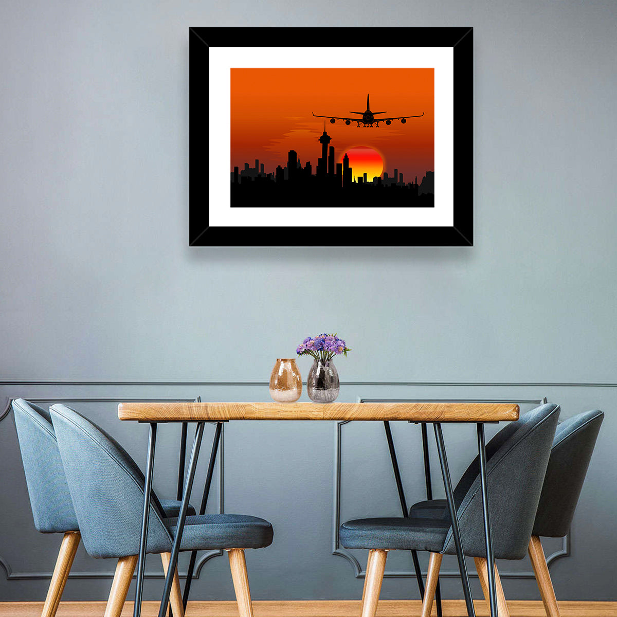 Approaching Jet Over Sunset Skyline Wall Art in a room, landscape