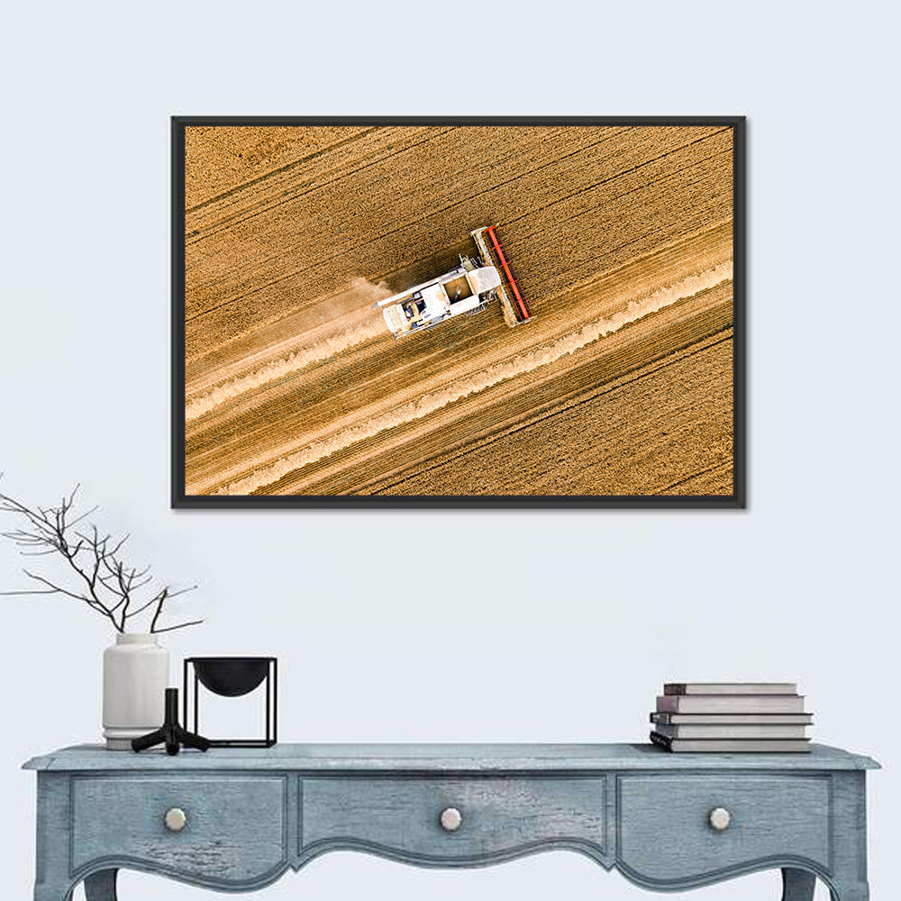 Aerial Combine Over Wheat Field Wall Art in a room, landscape