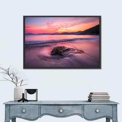Pink Sunset Over Rock and Pier Wall Art