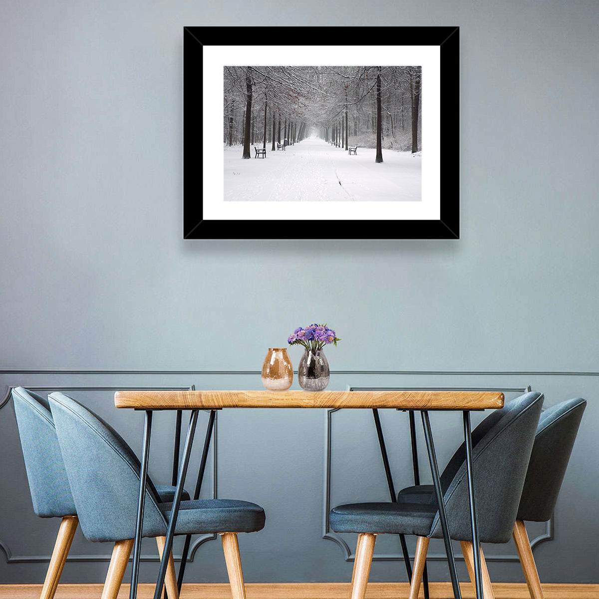 Snow Covered Park Lane Wall Art in a room, landscape