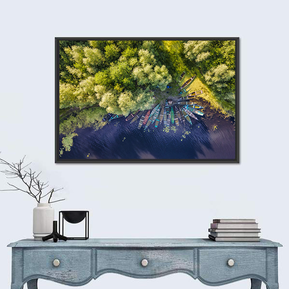 Cluster of Boats Along Forest Shore Wall Art