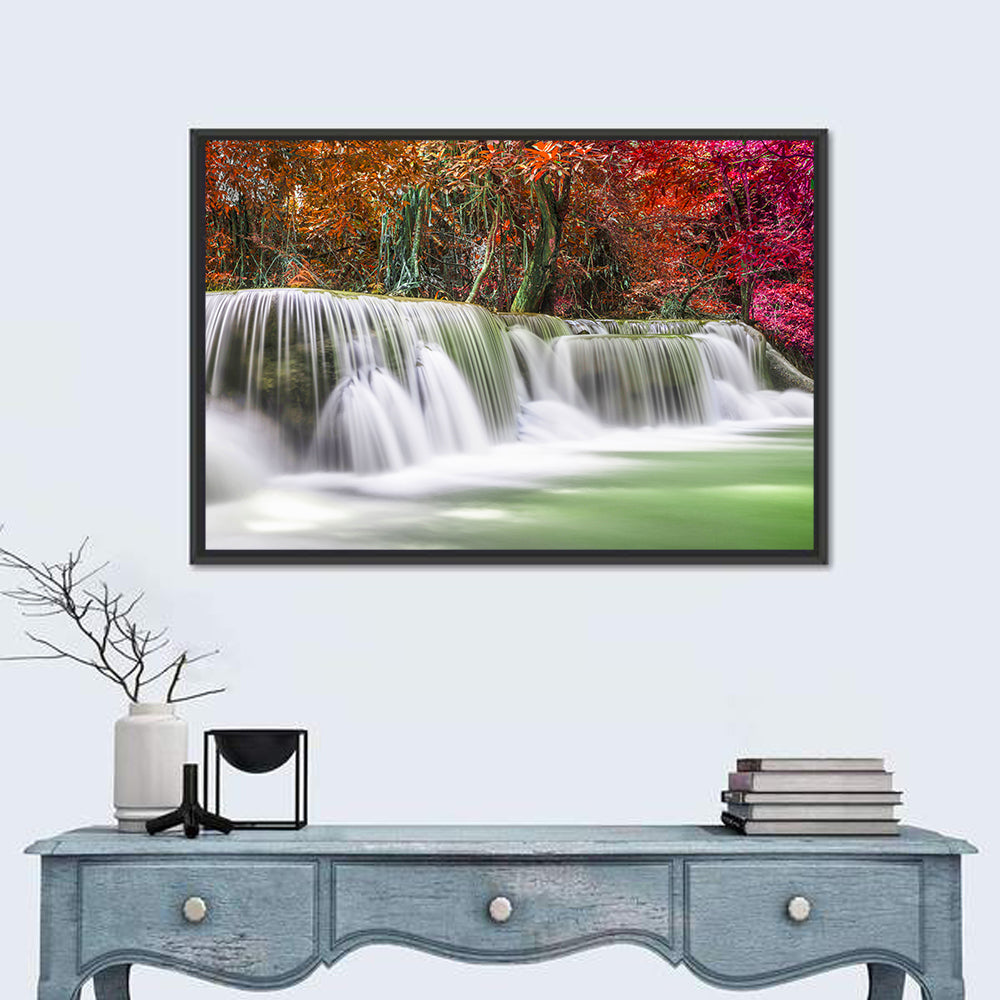 Kanchanaburi Autumn Waterfall Wall Art in a room, landscape