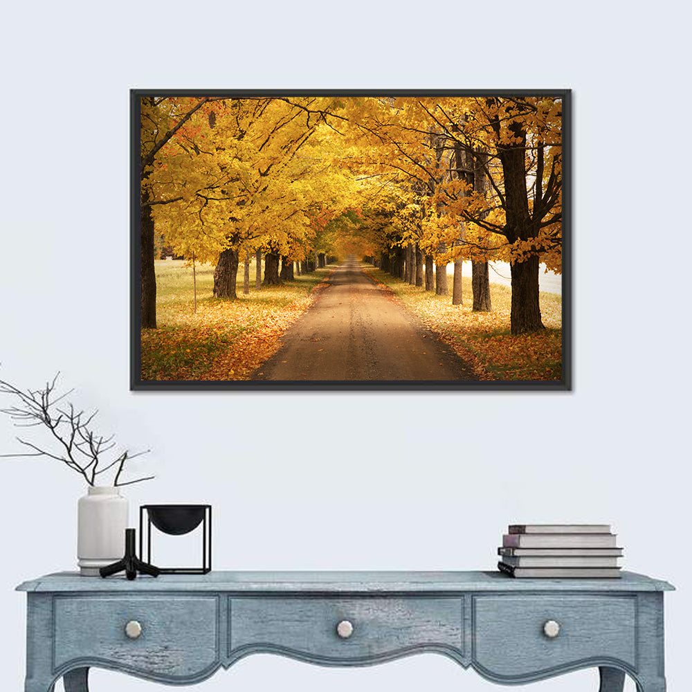 Golden Autumn Road Wall Art in a room, landscape