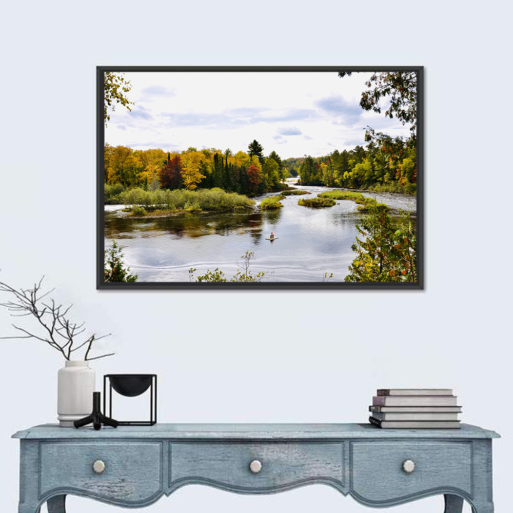 Tahquamenon River Autumn Scene Wall Art in a room, landscape