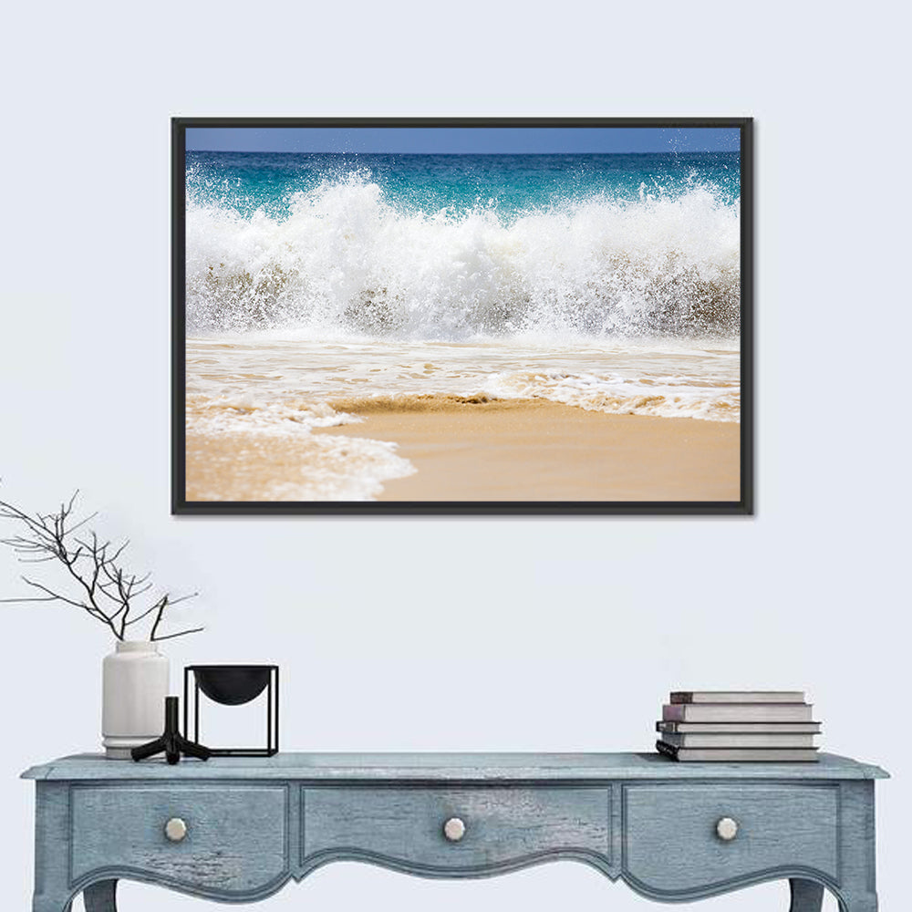 Breaking Wave Over Wet Sand Wall Art in a room, landscape